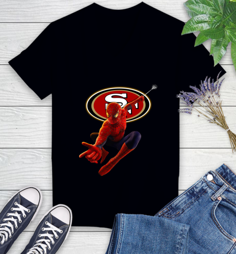 NFL Spider Man Avengers Endgame Football San Francisco 49ers Women's V-Neck T-Shirt 2
