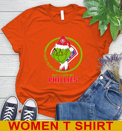 Philadelphia Phillies MLB Christmas Grinch I Hate People But I Love My Favorite Baseball Team Women's T-Shirt 4