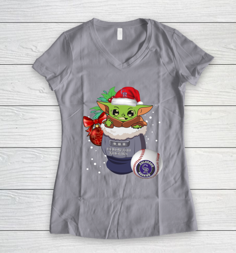 Colorado Rockies Christmas Baby Yoda Star Wars Funny Happy MLB Women's V-Neck T-Shirt 4
