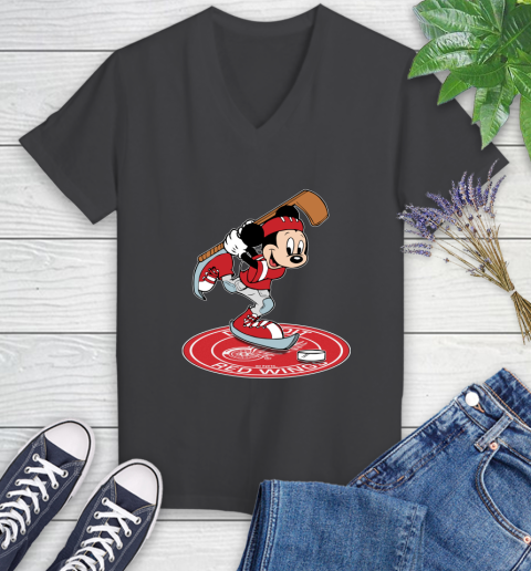 NHL Hockey Detroit Red Wings Cheerful Mickey Disney Shirt Women's V-Neck T-Shirt 8 NHL Hockey Detroit Red Wings Cheerful Mickey Disney Shirt Women's V-Neck T-Shirt - Image 8