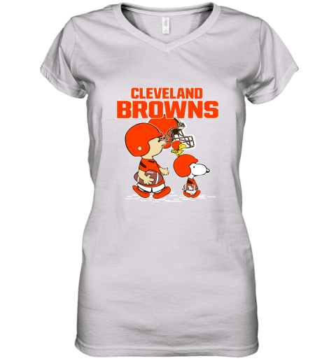 Cleveland Browns Let's Play Football Together Snoopy NFL Women's V-Neck T-Shirt