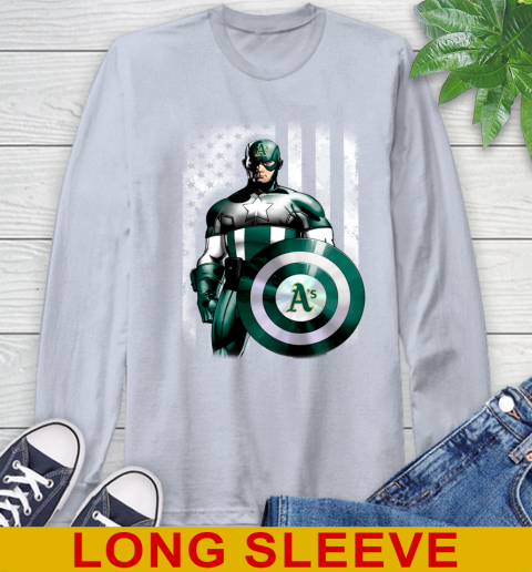 Oakland Athletics MLB Baseball Captain America Marvel Avengers American Flag Shirt Long Sleeve T-Shirt 6