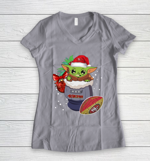 San Francisco 49ers Christmas Baby Yoda Star Wars Funny Happy NFL Women's V-Neck T-Shirt 4