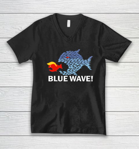 Blue Wave 2024 Funny Big Fish Eat Little Fish Trump Hair V-Neck T-Shirt