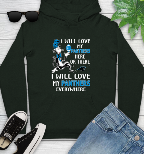 NFL Football Carolina Panthers I Will Love My Panthers Everywhere Dr Seuss Shirt Youth Hoodie 12