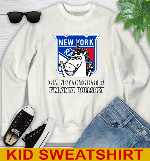 New York Rangers NHL Hockey Unicorn I'm Not Anti Hater I'm Anti Bullshit Youth Sweatshirt