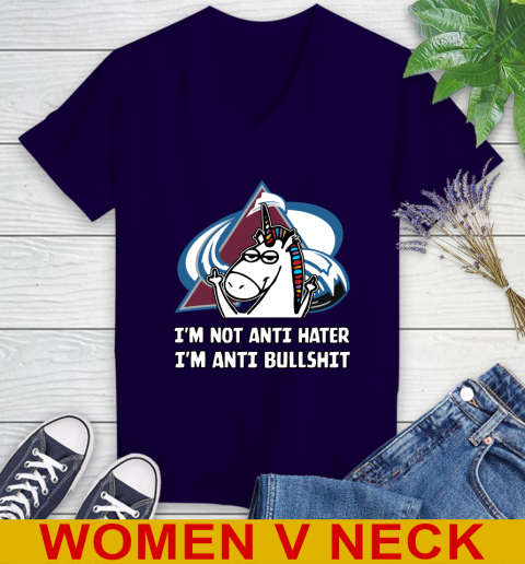 Colorado Avalanche NHL Hockey Unicorn I'm Not Anti Hater I'm Anti Bullshit Women's V-Neck T-Shirt 4