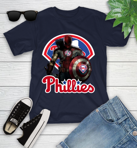 MLB Captain America Thor Spider Man Hawkeye Avengers Endgame Baseball Philadelphia Phillies Youth T-Shirt 3