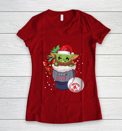 Boston Red Sox Christmas Baby Yoda Star Wars Funny Happy MLB Women's V-Neck T-Shirt 10