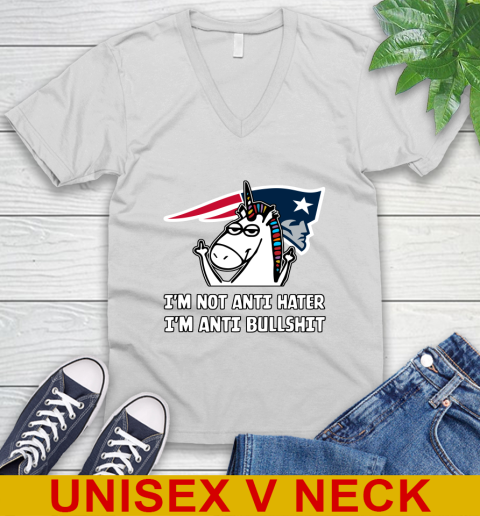 New England Patriots NFL Football Unicorn I'm Not Anti Hater I'm Anti Bullshit V-Neck T-Shirt
