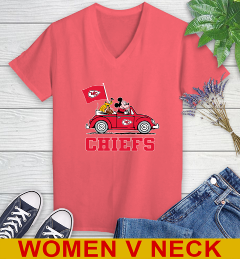 NFL Football Kansas City Chiefs Pluto Mickey Driving Disney Shirt Women's V-Neck T-Shirt 7