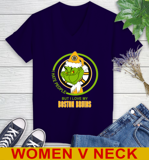 Boston Bruins NHL Christmas Grinch I Hate People But I Love My Favorite Hockey Team Women's V-Neck T-Shirt 4