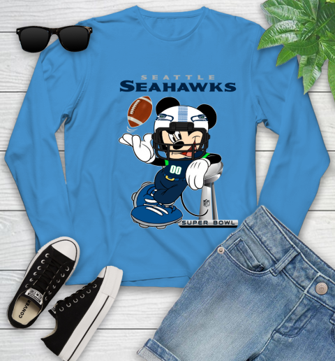NFL Seattle Seahawks Mickey Mouse Disney Super Bowl Football T Shirt Youth Long Sleeve 7