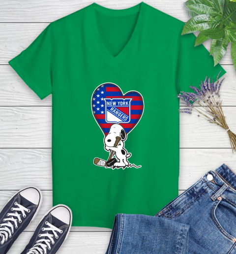 New York Rangers NHL Hockey The Peanuts Movie Adorable Snoopy Women's V-Neck T-Shirt 5