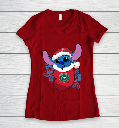 New York Jets Christmas Stitch In The Sock Funny Disney NFL Women's V-Neck T-Shirt 10