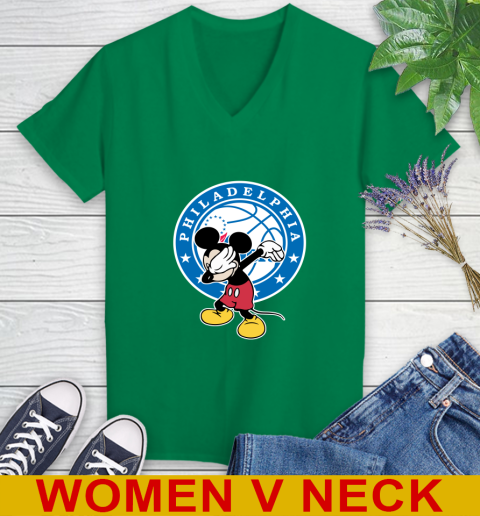 Philadelphia 76ers NBA Basketball Dabbing Mickey Disney Sports Women's V-Neck T-Shirt 6