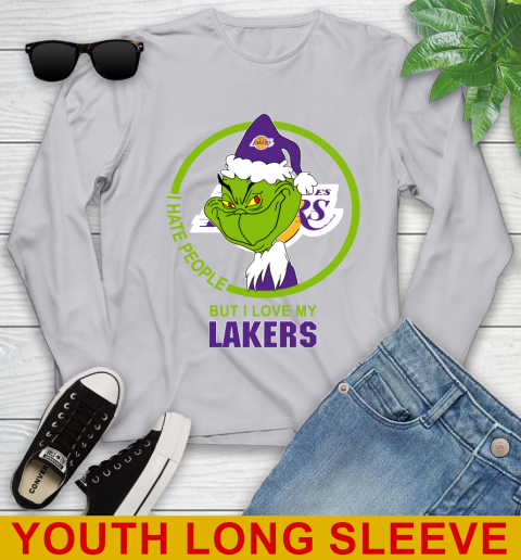 Los Angeles Lakers NBA Christmas Grinch I Hate People But I Love My Favorite Basketball Team Youth Long Sleeve 6