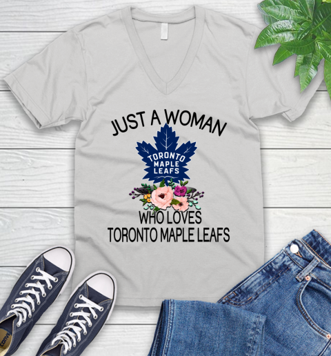 NHL Just A Woman Who Loves Toronto Maple Leafs Hockey Sports V-Neck T-Shirt