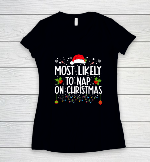 Most Likely To Nap On Christmas Family Christmas Pajamas Women's V-Neck T-Shirt