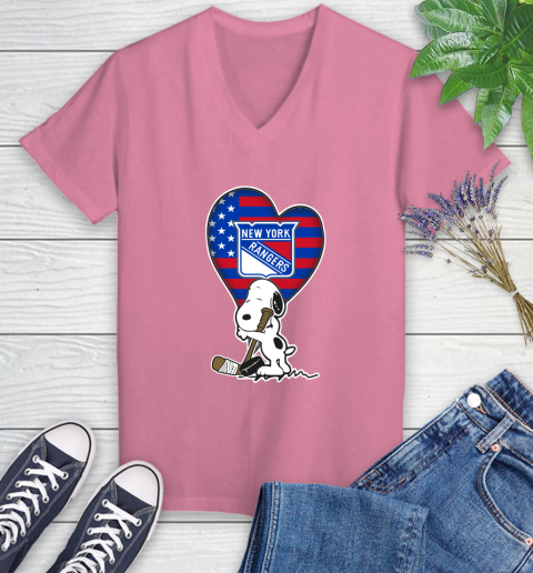 New York Rangers NHL Hockey The Peanuts Movie Adorable Snoopy Women's V-Neck T-Shirt 13