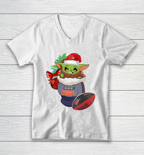 Cleveland Browns Christmas Baby Yoda Star Wars Funny Happy NFL V-Neck T-Shirt 2