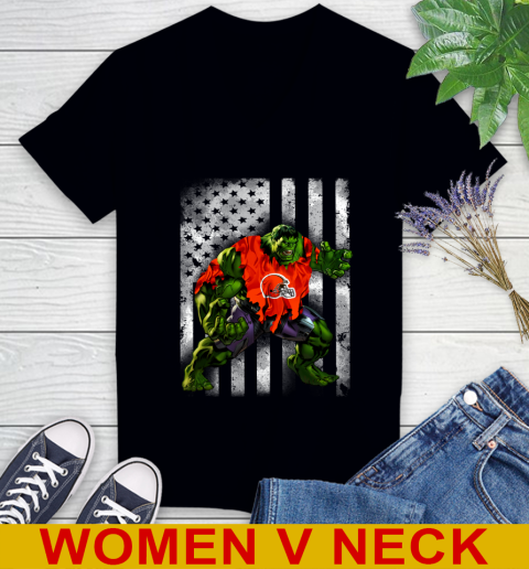 Cleveland Browns Hulk Marvel Avengers NFL Football American Flag Women's V-Neck T-Shirt