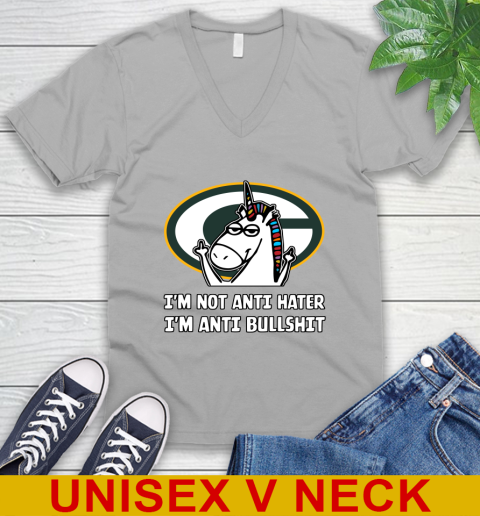 Green Bay Packers NFL Football Unicorn I'm Not Anti Hater I'm Anti Bullshit V-Neck T-Shirt 4