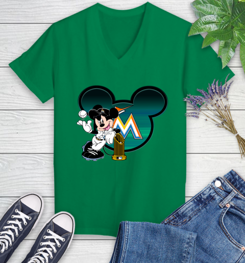 MLB Miami Marlins The Commissioner's Trophy Mickey Mouse Disney Women's V-Neck T-Shirt 5