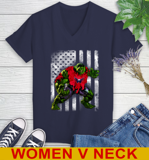 Washington Capitals Hulk Marvel Avengers NHL Hockey American Flag Women's V-Neck T-Shirt 12