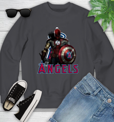 MLB Captain America Thor Spider Man Hawkeye Avengers Endgame Baseball Los Angeles Angels Youth Sweatshirt 6