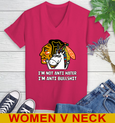 Chicago Blackhawks NHL Hockey Unicorn I'm Not Anti Hater I'm Anti Bullshit Women's V-Neck T-Shirt 10