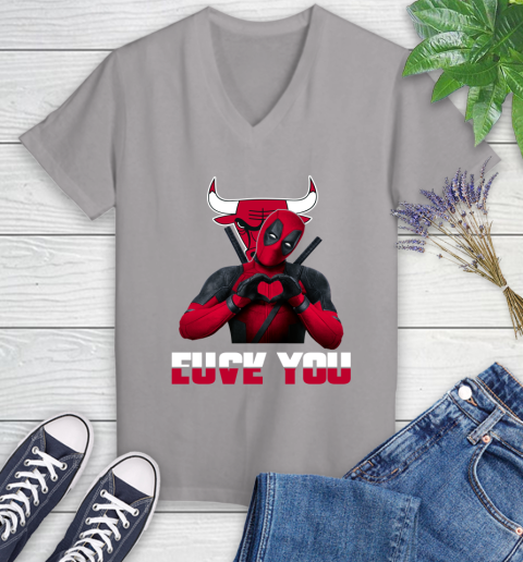 NBA Chicago Bulls Deadpool Love You Fuck You Basketball Sports Women's V-Neck T-Shirt 4