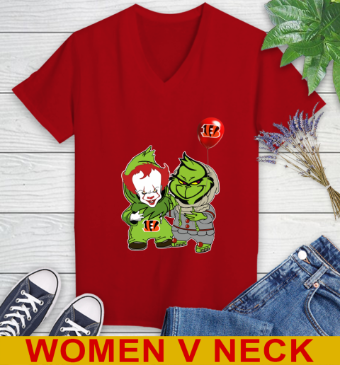 Cincinnati Bengals Baby Pennywise Grinch Christmas NFL Football Women's V-Neck T-Shirt 12