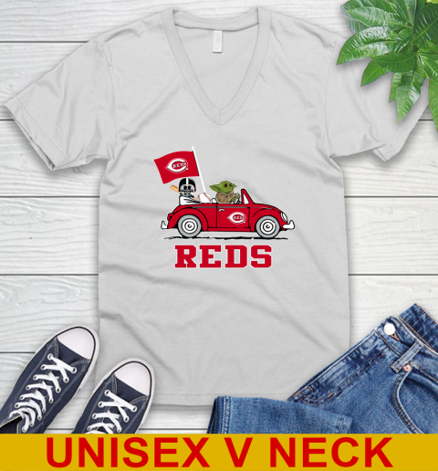 MLB Baseball Cincinnati Reds Darth Vader Baby Yoda Driving Star Wars Shirt V-Neck T-Shirt