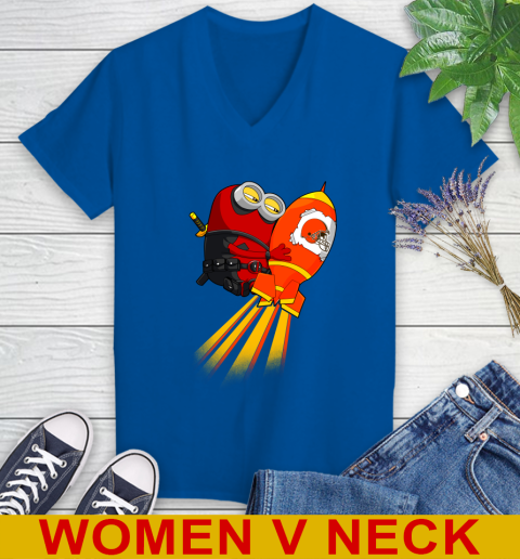 NFL Football Cleveland Browns Deadpool Minion Marvel Shirt Women's V-Neck T-Shirt 9
