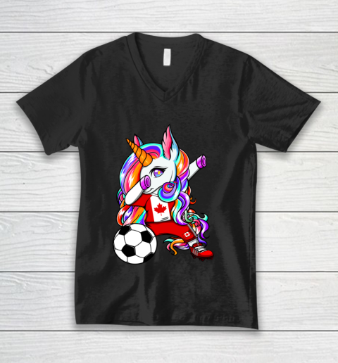 Dabbing Unicorn Canada Soccer Fans Jersey Canadian Football V-Neck T-Shirt