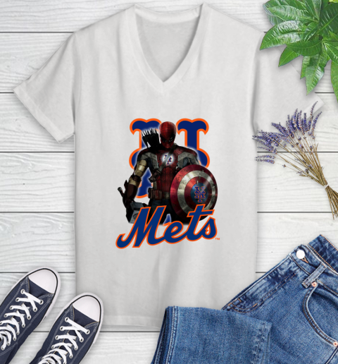 MLB Captain America Thor Spider Man Hawkeye Avengers Endgame Baseball New York Mets Women's V-Neck T-Shirt