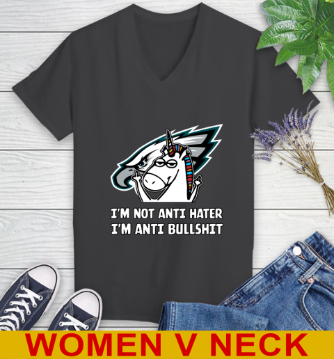Philadelphia Eagles NFL Football Unicorn I'm Not Anti Hater I'm Anti Bullshit Women's V-Neck T-Shirt 9