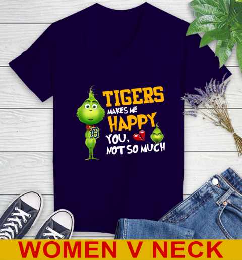MLB Detroit Tigers Makes Me Happy You Not So Much Grinch Baseball Sports Women's V-Neck T-Shirt 3