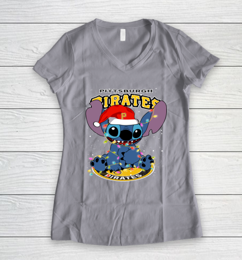 Pittsburgh Pirates MLB noel stitch Baseball Christmas Women's V-Neck T-Shirt 2