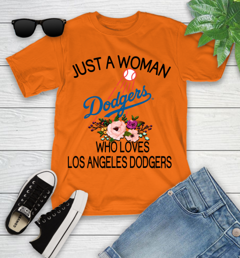 MLB Just A Woman Who Loves Los Angeles Dodgers Baseball Sports Youth T-Shirt 4