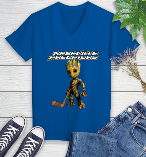 Nashville Predators NHL Hockey Groot Marvel Guardians Of The Galaxy Women's V-Neck T-Shirt 10