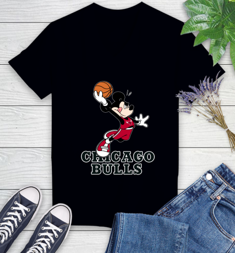 NBA Basketball Chicago Bulls Cheerful Mickey Mouse Shirt Women's V-Neck T-Shirt