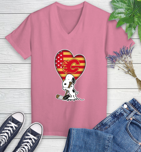 Calgary Flames NHL Hockey The Peanuts Movie Adorable Snoopy Women's V-Neck T-Shirt 13