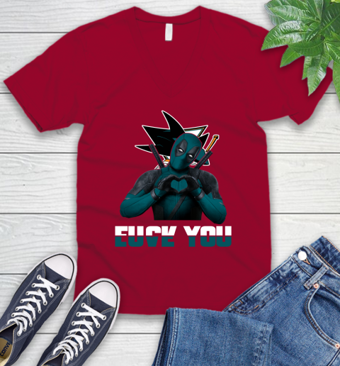 NHL San Jose Sharks Deadpool Love You Fuck You Hockey Sports V-Neck T-Shirt 7