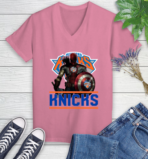 New York Knicks NBA Basketball Captain America Thor Spider Man Hawkeye Avengers Women's V-Neck T-Shirt 13