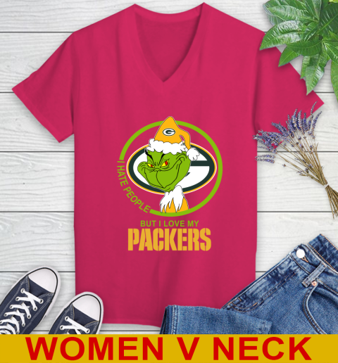 Green Bay Packers NFL Christmas Grinch I Hate People But I Love My Favorite Football Team Women's V-Neck T-Shirt 10