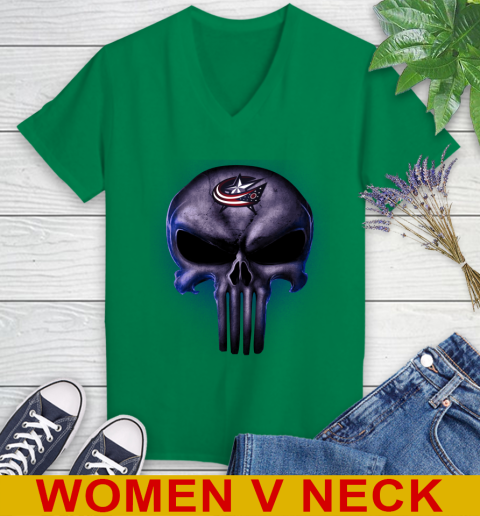 Columbus Blue Jackets NHL Hockey Punisher Skull Sports Women's V-Neck T-Shirt 5