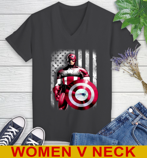 New England Patriots NFL Football Captain America Marvel Avengers American Flag Shirt Women's V-Neck T-Shirt 8