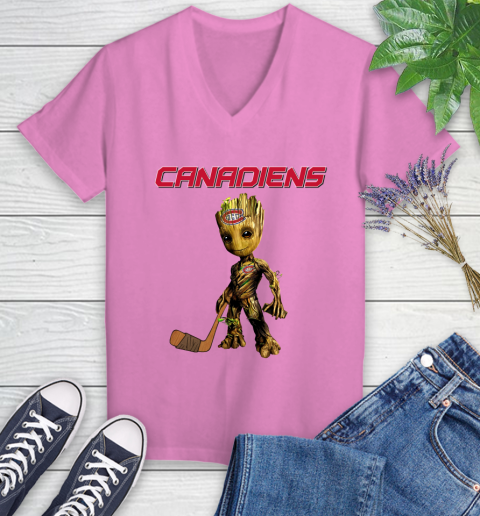 Montreal Canadiens NHL Hockey Groot Marvel Guardians Of The Galaxy Women's V-Neck T-Shirt 14